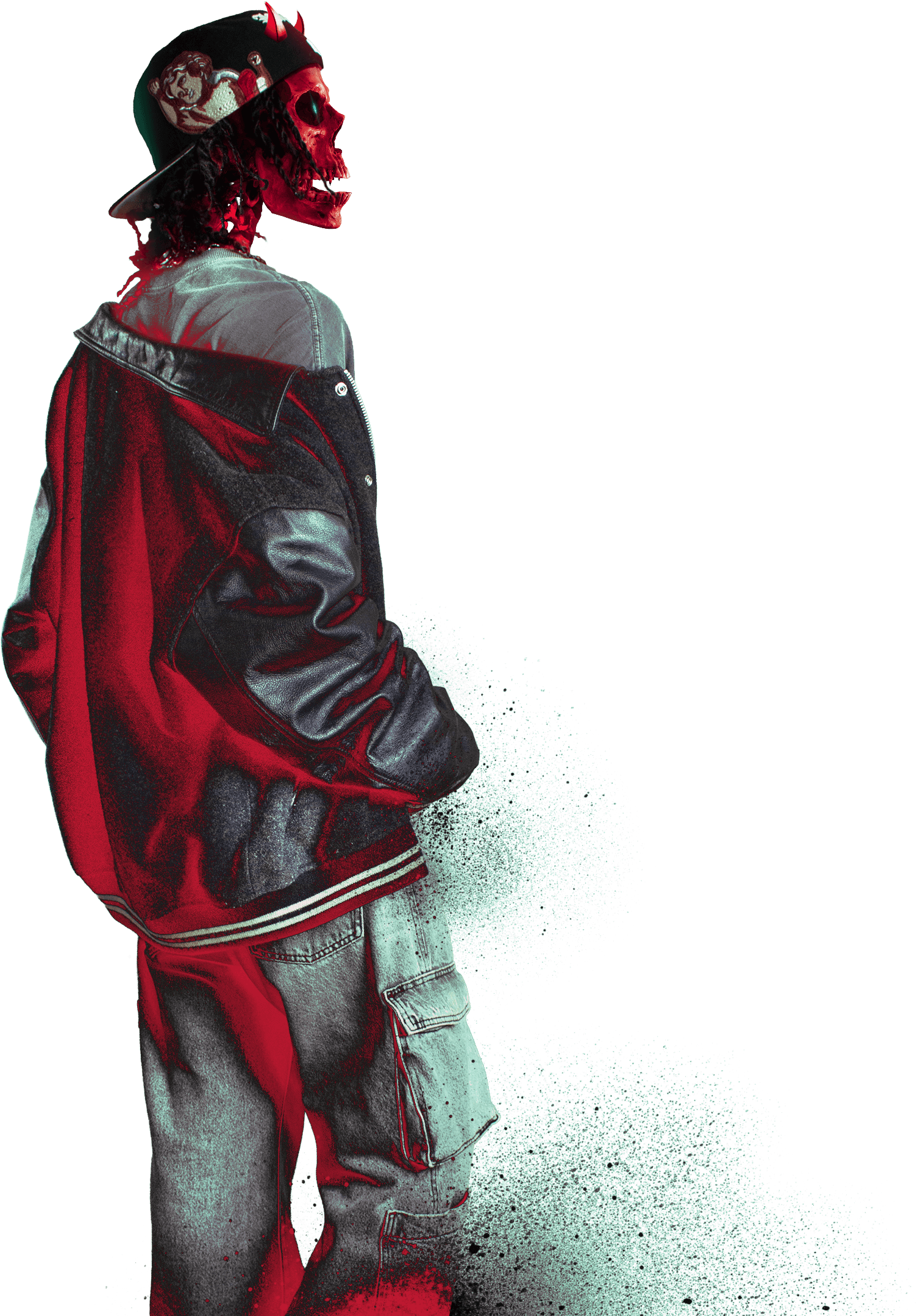 Personagem estilizado em forma de caveira vermelha, usando boné, jaqueta varsity larga e calça cargo, com efeito digital granulado ao redor